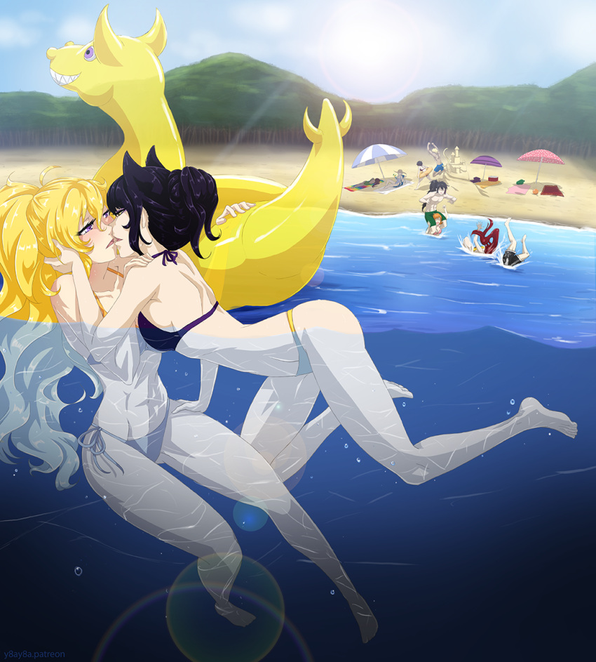 1girl 3boys 6+girls abs alternate_costume alternate_hairstyle animal_ears back bare_back bare_legs bare_shoulders barefoot beach bikini black_hair blake_belladonna blonde_hair blush breasts cat_ears clothing couple day eye_contact feet full_body hair_between_eyes half-closed_eyes high_res human ilia_amitola jaune_arc kissing legs lens_flare lie_ren long_hair looking_at_another medium_breasts multiple_boys multiple_girls nora_valkyrie open_mouth outside partially_submerged partially_underwater_shot ponytail pyrrha_nikos ruby_rose rwby short_hair side-tie_bikini sideboob submerged sun_wukong swimming swimsuit underwater weiss_schnee yang_xiao_long yaya_(y8ay8a) yuri