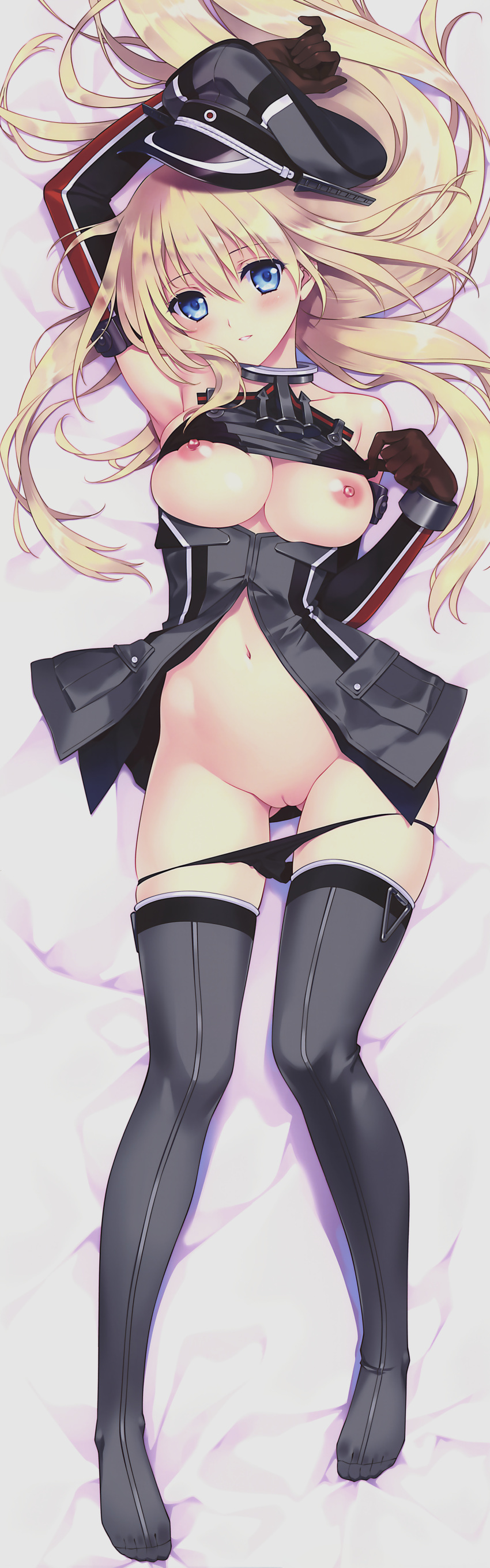 1girl 1girl 1girl armpits bare_shoulders bed_sheet big_breasts bismarck_(kantai_collection) black_panties black_underwear blonde blue_eyes blush breasts brown_gloves carnelian censored clavicle collar dakimakura detached_sleeves elbow_gloves eyebrows_visible_through_hair full_body gloves gluteal_fold grey_legwear groin hair_between_eyes hat head_tilt high_resolution kantai_collection large_filesize long_hair long_image looking_at_viewer looking_up lying military_hat navel nipples novelty_censor on_back one_arm_up open_clothes open_shirt panties panty_pull parted_lips peaked_cap pussy sample shirt shirt_pull stockings stomach tall_image uncensored underwear very_high_resolution very_long_hair viewed_from_above