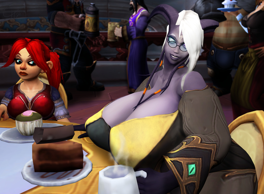 bakaras bbw cafe chubby clothed cupcake draenei envy glasses gnome heterochromia huge_breasts human looking_at_viewer pandaren parody red_hair shortstack warcraft white_hair world_of_warcraft