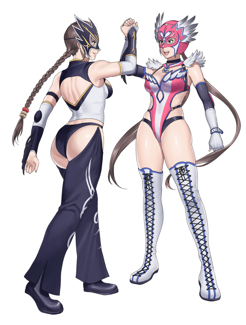 2_girls absurd_res alluring alternate_costume ass back_cutout black_choker boots braid breasts brown_hair chaps choker clothing_cutout commentary commission cross-laced_footwear detached_collar detached_sleeves elbow_pads english_commentary fingerless_gloves fingernails full_body gloves handshake hanny_(uirusu_chan) high_res jaycee_(tekken) julia_chang lace-up_boots leotard long_braid low_twintails luchador luchador_mask medium_breasts michelle_chang mother_&_daughter multiple_girls namco no_bra open_mouth pink_leotard single_braid stockings tekken tekken_1 tekken_2 tekken_3 tekken_4 tekken_5_dark_resurrection tekken_7 tekken_tag_tournament tekken_tag_tournament_2 thigh_high_boots twin_tails voluptuous white_background white_footwear white_gloves wrestling_outfit