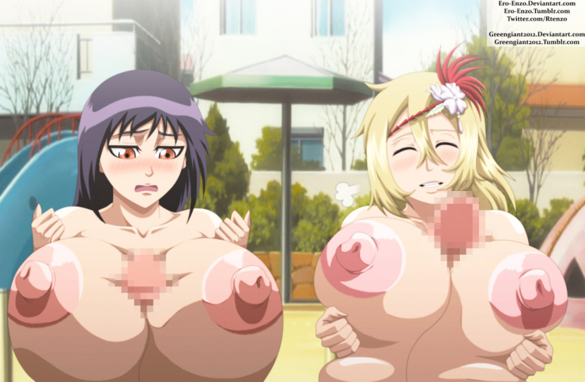 2_girls 2girls areola areolae bangs bare_shoulders big_breasts bleach blonde blonde_hair blush blushing breasts censored cheeks chin cleavage closed_eyes ecchi-enzo_(artist) ero-enzo eyebrows eyelashes females fingers gigantic_breasts glans hair hands kudo_matsuri long_hair male/female massive_breasts matsuri_kudo mosaic_censoring multiple_girls nipples nude paizuri penis purple_hair red_eyes rtenzo_(artist) senna senna_(bleach) teeth unhappy women