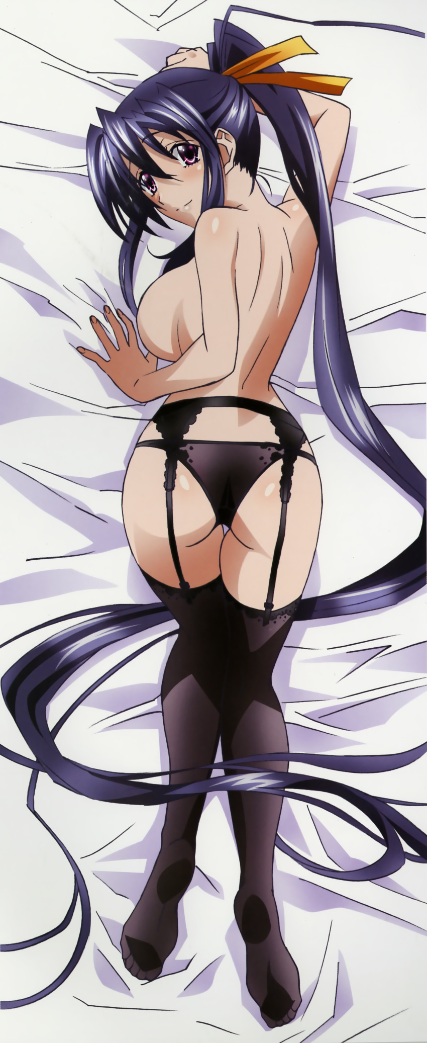 1_girl 1girl absurd_res absurdres akeno_himejima ass black_hair black_panties breasts dakimakura feet garter_belt high_school_dxd high_school_dxd_new highres himejima_akeno huge_filesize long_hair no_bra no_shoes official_art panties pink_eyes ponytail sideboob soles solo thighhighs top-down_bottom-up underwear very_long_hair