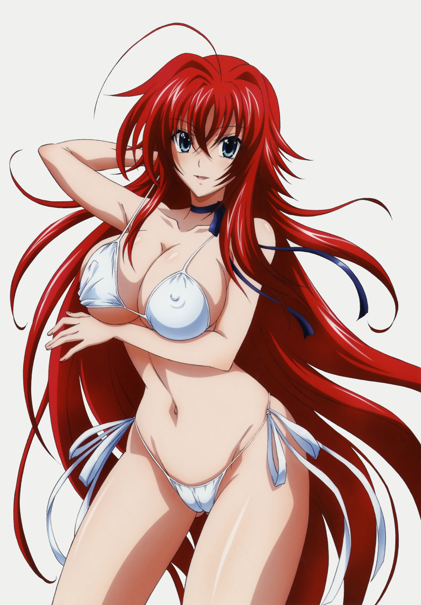 1_girl 1girl absurd_res absurdres ahoge alluring bikini blue_eyes breasts cameltoe high_school_dxd highres huge_ahoge huge_filesize large_breasts long_hair nipples official_art red_hair redhead rias_gremory side-tie_bikini smile solo standing swimsuit thighhighs trading_card very_long_hair white_bikini white_swimsuit