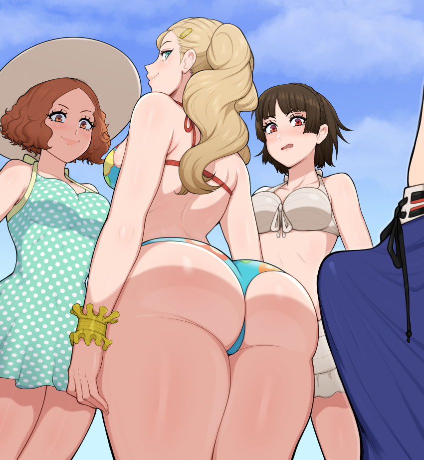 1boy 1girl 3_girls absurd_res afrobull akira_kurusu ann_takamaki ass bikini blonde_hair blush braid brown_hair bulge clothing dress erection_under_clothes green_eyes hair_ornament haru_okumura high_res long_hair looking_back makoto_niijima male multiple_girls persona persona_5 platinum_blonde_hair short_hair single_braid smile sundress sweat swimsuit tied_hair twin_tails underbutt