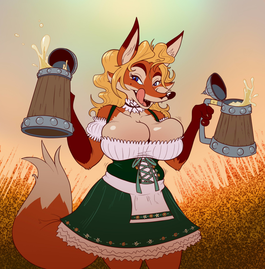 1girl 2014 alcohol anthro autumn barmaid beer beer_mug beverage big_breasts blue_eyes blush breasts canine clothed clothing dawmino dirndl fangs fox fur furry hair high_res licking licking_lips looking_at_viewer mammal open_mouth smile stein tongue tongue_out