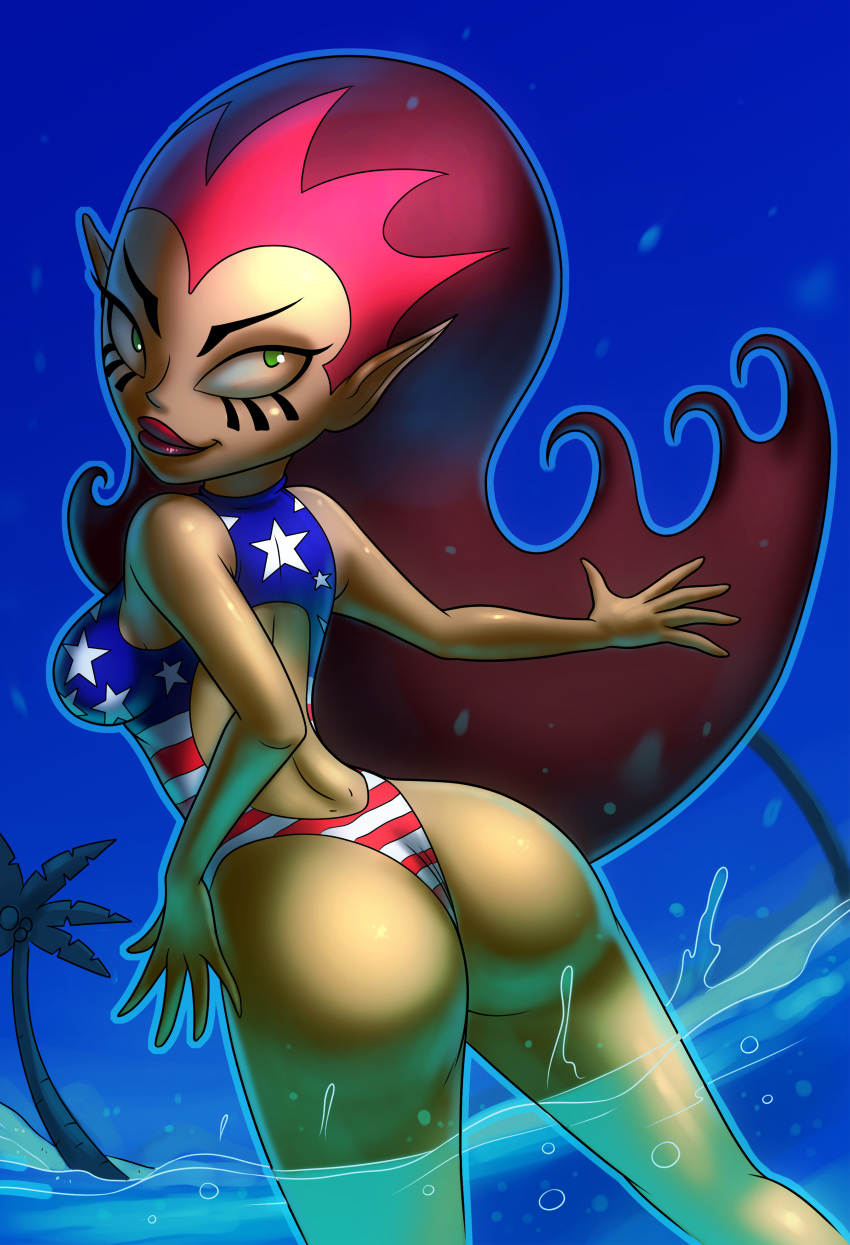 1girl 4th_of_july american_flag_bikini ass beach dark_skin fernando_faria_(artist) green_eyes lipstick long_hair ocean pointy_ears red_hair water wuya xiaolin_showdown