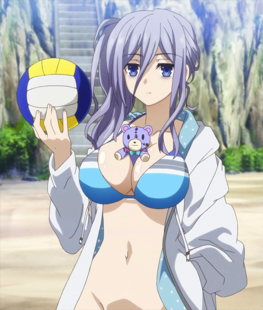 1girl between_breasts big_breasts bikini breasts date_a_live eyebrows eyebrows_visible_through_hair first_porn_of_character hair_between_eyes huge_breasts human jacket large_breasts light-skinned_female light_skin milf murasame_reine navel reine_murasame solo woman