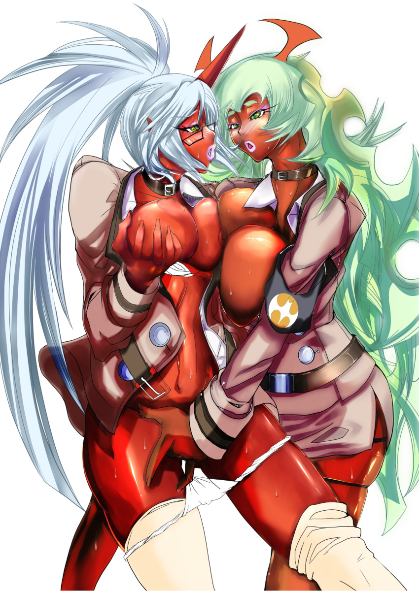 1girl 2girls :o big_breasts blue_hair blush breast_grab breast_press breast_squish breasts buttons clothing collar demon demon_girl eyewear female/female fingering fingernails glasses green_eyes green_hair hair head_wings highres horn horns incest kneesocks_daemon large_breasts lips lipstick long_hair loose_thighhigh makeup multiple_girls nipples niu_ju_(orange_bull) open_mouth otzer otzer5957706 panties panty_&_stocking_with_garterbelt panty_pull penetration plain_background ponytail red_skin scanty_daemon siblings sisters skindentation sweat thighhighs underwear vaginal vaginal_penetration very_long_hair white_hair yuri