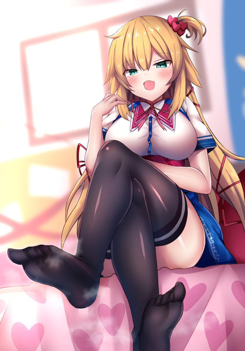 1girl 1girl :d akai_haato aqua_eyes big_breasts black_legwear blonde blue_eyes blush breasts crossed_legs fang feet hair_ornament hair_ribbon heart heart_hair_ornament high_resolution hololive long_hair looking_at_viewer open_mouth ribbon school_uniform shiki_(catbox230123) short_sleeves sitting skirt skirt_lift smell smelly_feet smile steaming_body stockings uniform very_long_hair virtual_youtuber