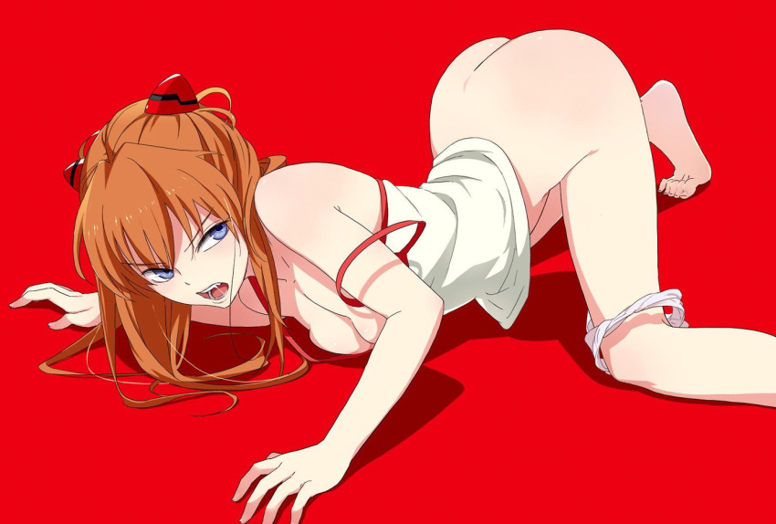 1girl all_fours ass asuka_langley_souryuu barefoot blue_eyes breast_press feet high_resolution jpeg_artifacts long_hair mebae neon_genesis_evangelion off_shoulder open_mouth orange_hair panties panties_around_leg posterior_cleavage red_background saliva simple_background tank_top toes top-down_bottom-up underwear