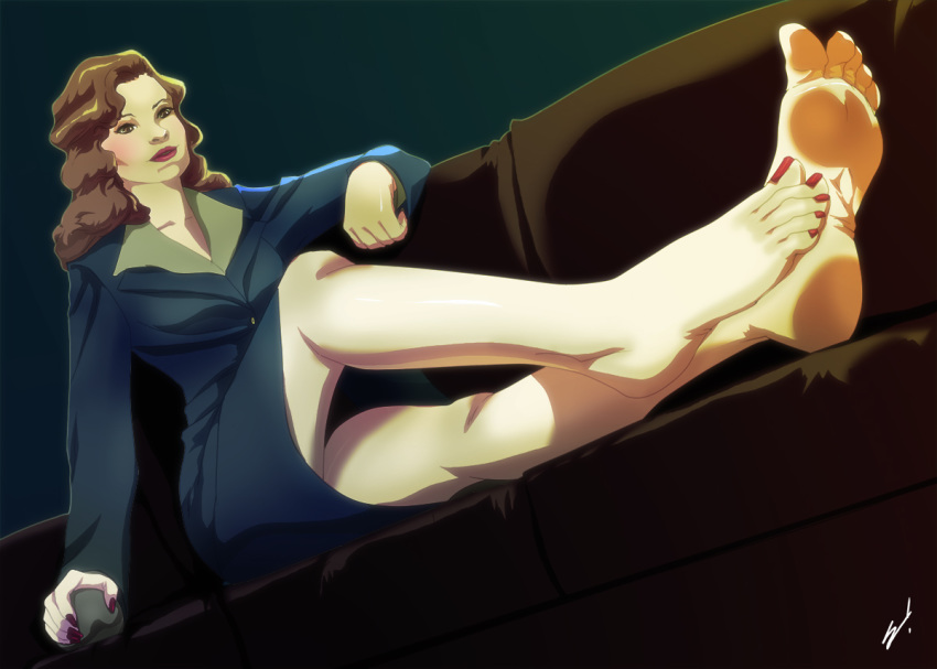 1girl agent_carter barefoot feet female female_only painted_nails peggy_carter scamwich sitting skirt skirt_suit soles solo toes