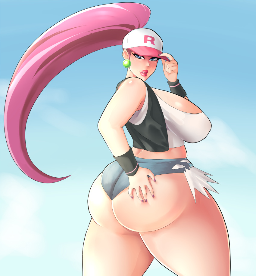 1girl ass big_breasts blue_eyes clothed_female dat_ass earrings eye_contact female_focus female_only hat high_res hilda_(pokemon)_(cosplay) huge_ass huge_breasts huge_thighs human human_only humans_of_pokemon jessie_(pokemon) large_ass long_hair looking_at_viewer mature mature_female minishorts musashi_(pokemon) nintendo pokemon pokemon_(anime) pokemon_bw shorts solo_female solo_focus team_rocket thick_ass thick_thighs voluptuous wide_hips xiceowl