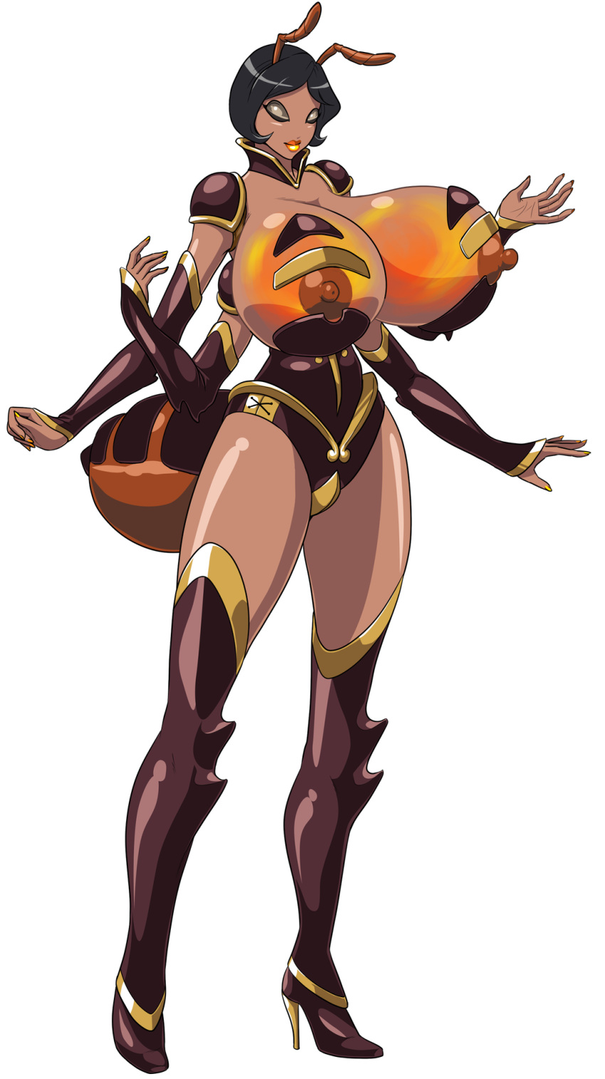 anthro bee_girl black_hair brown_eyes brown_skin fenoxo gigantic_breasts tail