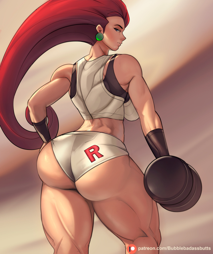 1girl ass big_ass big_breasts breasts bubblebadassbutts clothed_female earrings eye_contact female_focus female_only humans_of_pokemon jessie_(pokemon) long_hair looking_at_viewer looking_back mature mature_female minishorts musashi_(pokemon) muscular_female pokemon pokemon_(anime) red_hair shorts solo_focus sports_bra standing team_rocket thick_ass thick_thighs thighs