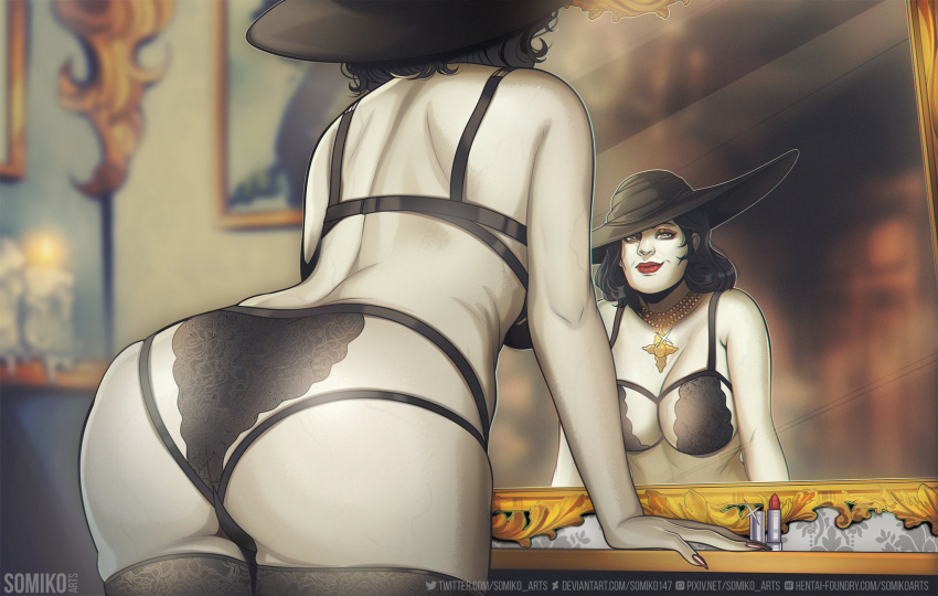 alcina_dimitrescu black_hair hat lady_dimitrescu lingerie mirror mirror_reflection monster_girl necklace resident_evil resident_evil_8:_village smirk somikoarts vampire white_skin yellow_eyes