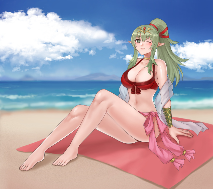 1girl 1girl 1girl ;) absurd_res alluring alternate_costume bare_legs barefoot beach big_breasts bikini breasts cleavage collarbone commentary_request commission female_only fire_emblem fire_emblem_awakening fire_emblem_heroes full_body green_eyes green_hair hair_ornament hazuki_(nyorosuke) high_res knees_up legs long_hair looking_at_viewer navel nintendo ocean official_alternate_costume on_towel one_eye_closed outside pointy_ears ponytail red_bikini red_swimsuit ribbon sarong see-through sitting skeb_commission smile swimsuit tiara tiki_(adult)_(fire_emblem) tiki_(adult)_(summer)_(fire_emblem) tiki_(fire_emblem) toes towel veil wink