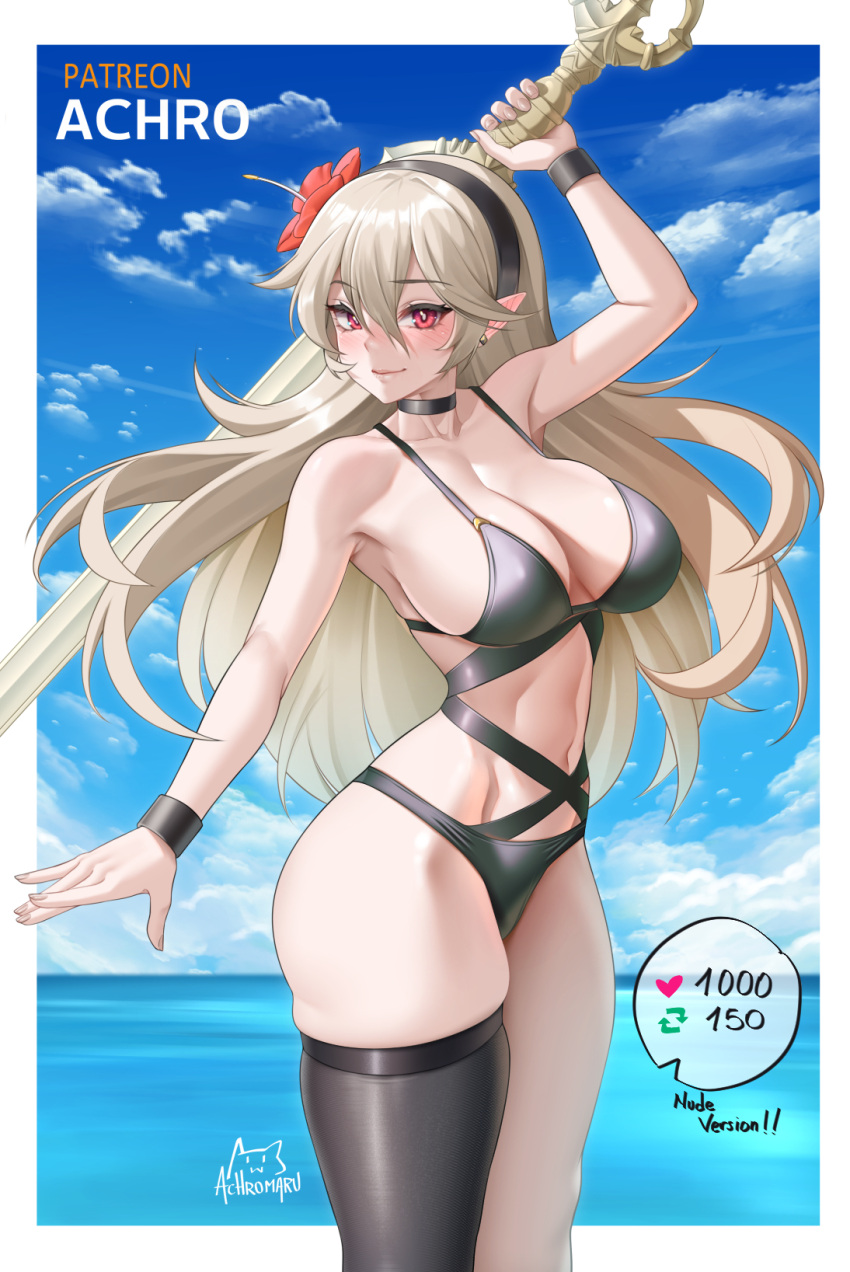 1girl 2023 achromaru alluring alternate_costume arm_up artist_logo artist_name big_breasts bikini black_bikini black_choker black_hairband black_swimsuit black_thighhighs black_wristband blonde_hair blue_sky blush border bracelet breasts bright_pupils choker cleavage closed_mouth cloud corrin_(female)_(fire_emblem) corrin_(fire_emblem) corrin_(fire_emblem)_(female) day double-parted_bangs earrings english_text female_only fingernails fire_emblem fire_emblem_fates floating_hair flower hair_between_eyes hair_flower hair_ornament hairband halterneck high_res holding holding_sword holding_weapon horizon jewelry light-skinned_female light_brown_hair light_skin like_and_retweet long_hair looking_at_viewer meme nintendo ocean outside outside_border patreon_username pointy_ears red_eyes red_flower single_thighhigh skindentation sky smile standing stockings swimsuit sword twitter_strip_game_(meme) very_long_hair water weapon white_border white_pupils