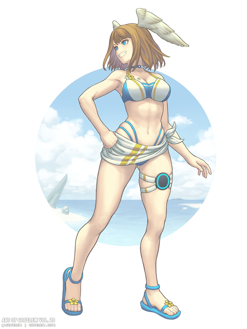 1girl alluring blue_eyes breast_tattoo breasts brown_hair eunie_(xenoblade) full_body gofelem grin head_wings long_bangs medium_breasts navel nintendo official_alternate_costume sandals smile standing swimsuit tattoo thigh_strap white_wings wings xenoblade_(series) xenoblade_chronicles_3