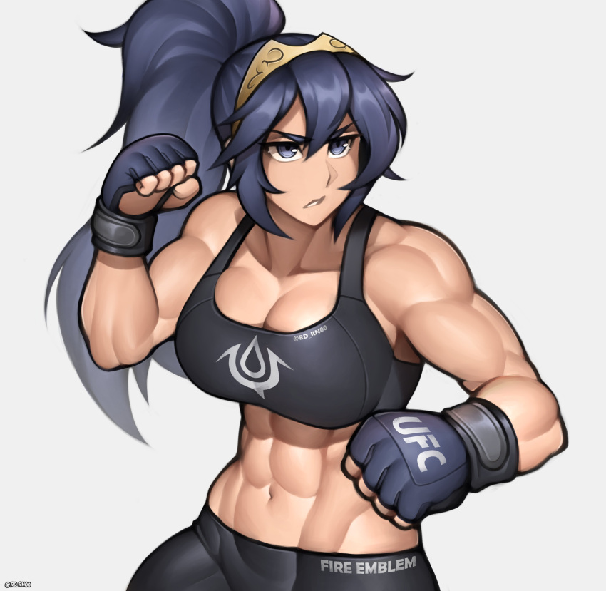 1girl abs absurd_res alluring alternate_costume alternate_hairstyle athletic_female big_breasts blue_eyes blue_hair breasts clenched_hands commission copyright_name eyebrows_visible_through_hair female_abs fighting_stance fingerless_gloves fire_emblem fire_emblem_awakening fit_female gloves grey_background hair_between_eyes high_res long_hair lucina lucina_(fire_emblem) nintendo padded_gloves ponytail roadi3 simple_background twitter_username ufc ultimate_fighting_championship watermark