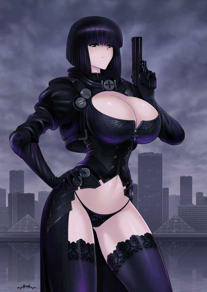 1girl akiranime akiranime_(artist) ankh bangs black_eyes black_hair black_legwear blunt_bangs bob_cut bolts breasts cleavage cleavage_cutout cleopatra_(akiranime) female female_only gloves gun hand_on_hip hips huge_breasts lace lace-trimmed_thighhighs legs lingerie narrow_waist original panties short_hair solo solo_female stockings thighhighs thighs underwear unzipped weapon zipper