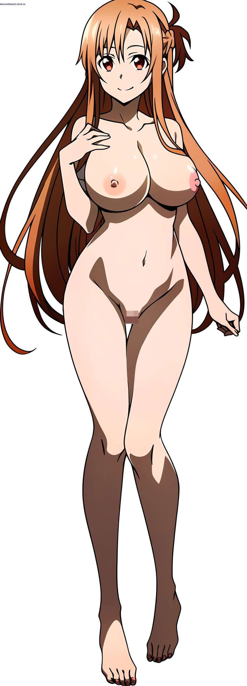 1girl alluring asuna_(sao) auburn_hair bare_legs barefoot big_breasts brown_eyes completely_nude_female dasein nude pin_up pussy sword_art_online