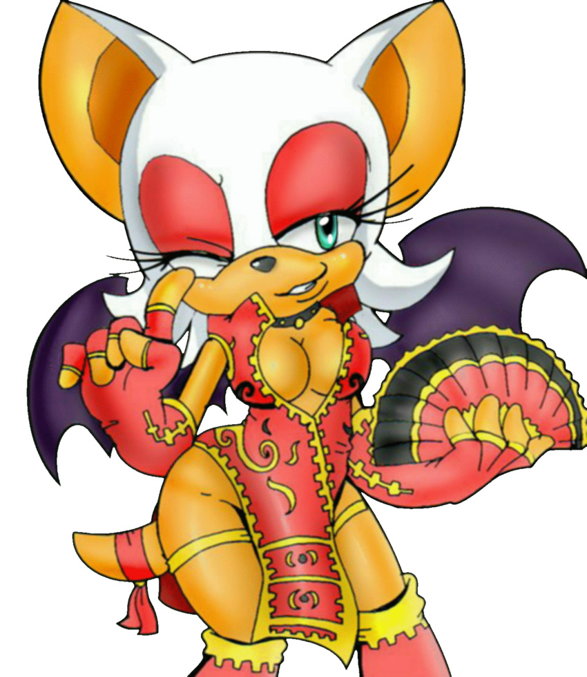 1girl anthro bat breasts cleavage cute dress fan furry rouge_the_bat simple_background smile sonic sonic_the_hedgehog tail transparent_background wings