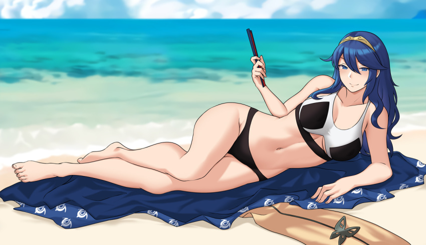 1girl alluring alternate_costume bare_legs beach bikini black_bikini black_swimsuit blue_eyes breasts bushidokuroi clothes_removed fan fire_emblem fire_emblem:_awakening hair_between_eyes hot insanely_hot japanese_clothes long_hair looking_at_viewer lucina lucina_(fire_emblem) medium_breasts nintendo ocean on_side pin_up sand seaside seductive sexy smile swimsuit tiara voluptuous