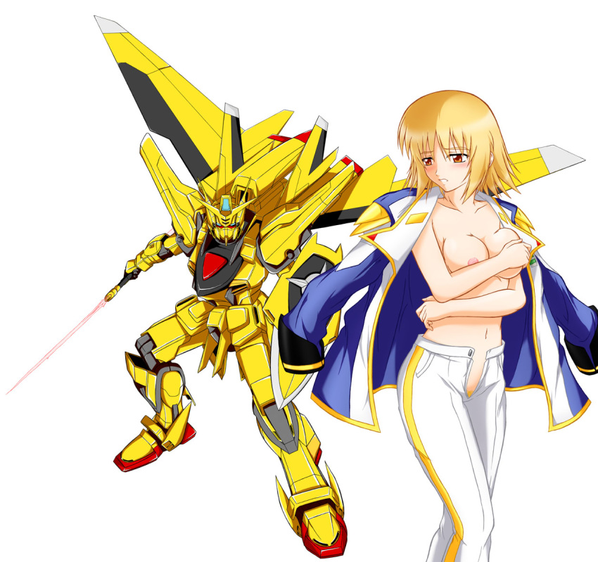 akatsuki_gundam blonde_hair blush breasts cagalli_yula_athha energy_sword gundam gundam_seed gundam_seed_destiny mecha nipple_slip nipples orange_eyes pubic_hair short_hair suzuka_sakito sword topless weapon