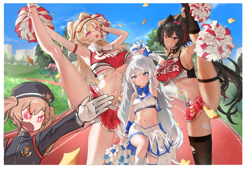 +_+ 5girls :d ahoge armpits bandaid bandaid_on_leg bay_(nikke) beret big_breasts black_hair black_socks black_sports_bra black_thighhighs blonde_hair blue_bow blue_bowtie blue_eyes blue_ribbon blue_skirt blush bowtie breasts brown_eyes brown_hair cheerleader clay_(nikke) collar crop_top dark-skinned_female dark_skin facial_tattoo gakuran gloves goddess_of_victory:_nikke grin hair_intakes hair_ornament hair_ribbon hairband hairclip hat leg_lift long_hair looking_at_viewer midriff miranda_(nikke) mole mole_on_breast mole_on_stomach mole_under_mouth multicolored_hair multiple_girls navel official_alternate_costume open_mouth ouendan pink_eyes pink_hair pisik poli_(cheer_up_police)_(nikke) poli_(nikke) pom_pom_(cheerleading) pom_poms ponytail quiry_(nikke) red_hair red_shirt red_skirt ribbon school_uniform shirt shoes short_twintails sidelocks single_thighhigh skirt small_breasts smile sneakers socks spiked_collar spikes split sports_bra standing standing_on_one_leg standing_split star_tattoo stockings streaked_hair tan tan_line tattoo thigh_strap torn_clothes torn_thighhighs twin_tails two-tone_shirt two-tone_skirt under_boob very_long_hair visor_cap wavy_hair whistle whistle_around_neck white_gloves white_hair white_skirt white_socks