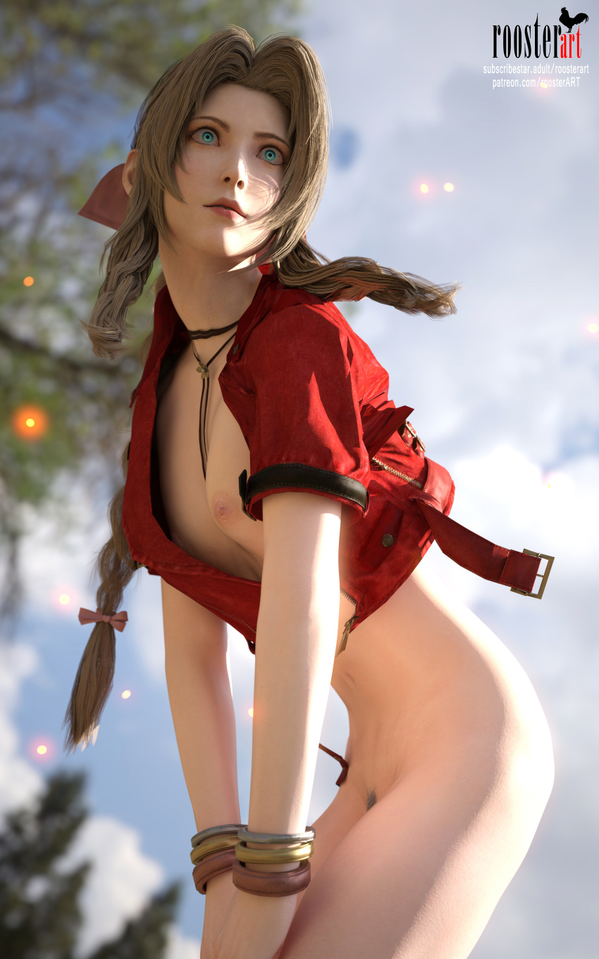 10:16 1girl 3d 3d_(artwork) 4k aerith_gainsborough ass belly belly_button braid breasts closed_mouth female_focus female_only female_pubic_hair final_fantasy final_fantasy_vii final_fantasy_vii_remake jacket light-skinned_female light_skin necklace nipples open_eyes outside partially_clothed patreon patreon_username pubic_hair red_jacket roosterart small_breasts solo_female solo_focus standing subscribestar subscribestar_username