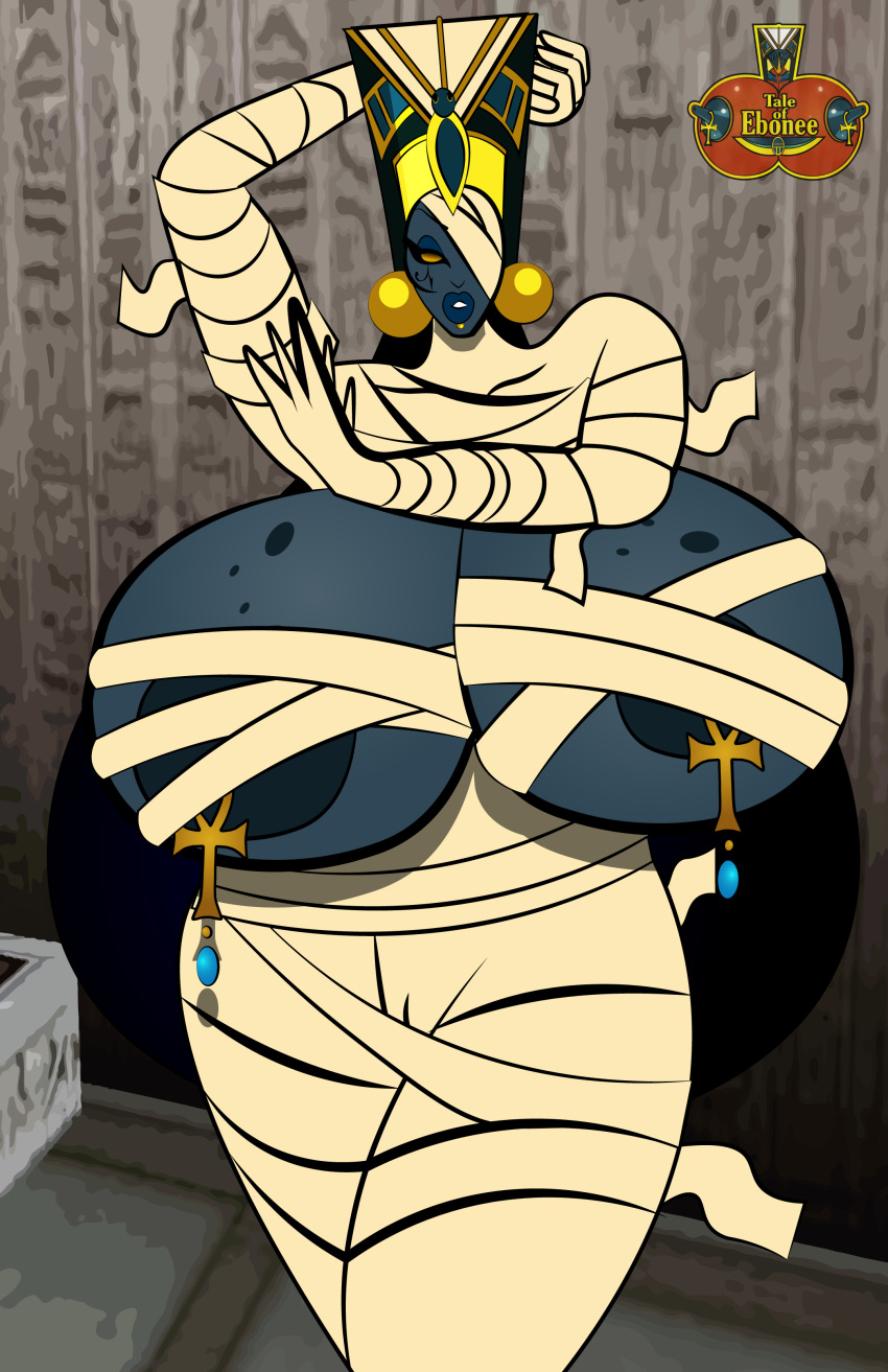 ankh black_hair breasts_bigger_than_head breasts_bigger_than_torso brown_skin dark-skinned_female earrings egypt egyptian egyptian_eyeliner egyptian_female egyptian_queen gigantic_breasts hyper_breasts long_hair milf mummification mummified mummy mummy_wrappings newdityartz nipple_piercing original_character queen_ebonee tale_of_ebonee tattoo