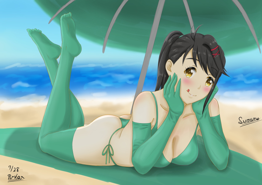 1girl absurd_res ass beach beach_towel bikini black_hair blush breasts cleavage collarbone day elbow_gloves feet feet_up green_bikini hair_ornament hairclip hands_on_own_face iwato_suzume legs_up looking_at_viewer ocean on_stomach outside ponytail sand side-tie_bikini smile stockings suzume_(movie) suzume_no_tojimari swimsuit teen the_pose thong_bikini tongue tongue_out towel umbrella yellow_eyes