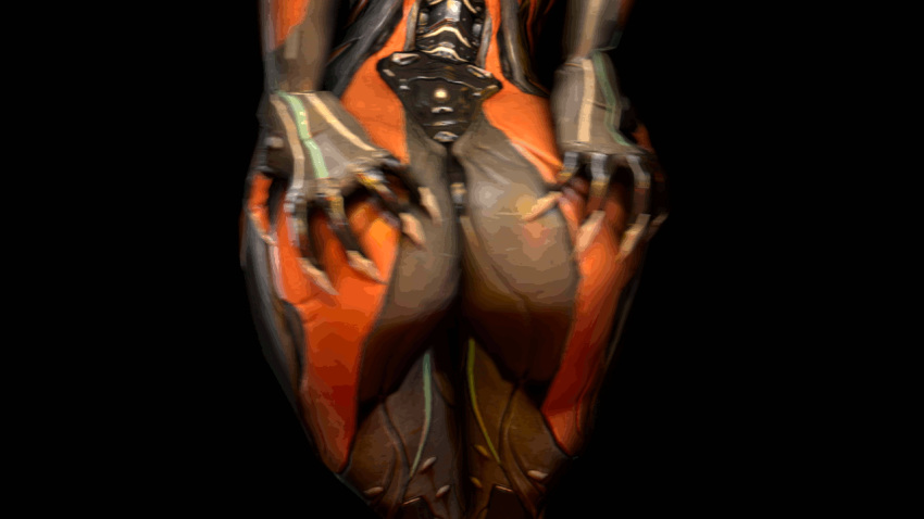 1girl 3d ass big_ass black_background butt_shot close-up gif hand_on_butt pinup plain_background pose rear_view seductive shaking_butt source_filmmaker standing valkyr warframe wattchewant