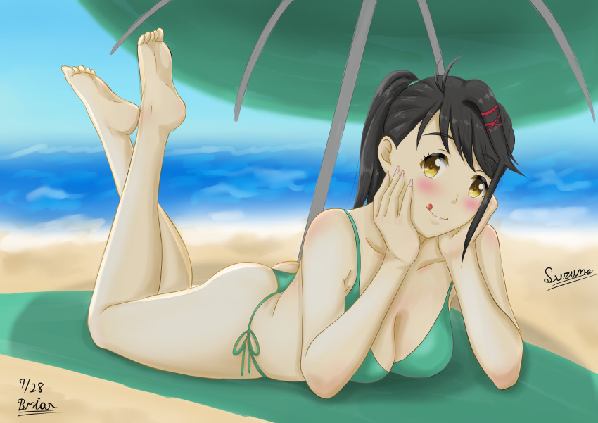 1girl absurd_res ass barefoot beach beach_towel bikini black_hair blush breasts cleavage collarbone day feet feet_up green_bikini hair_ornament hairclip hands_on_own_face iwato_suzume legs_up looking_at_viewer ocean on_stomach outside ponytail sand side-tie_bikini smile soles suzume_(movie) suzume_no_tojimari swimsuit teen the_pose thong_bikini toes tongue tongue_out towel umbrella yellow_eyes