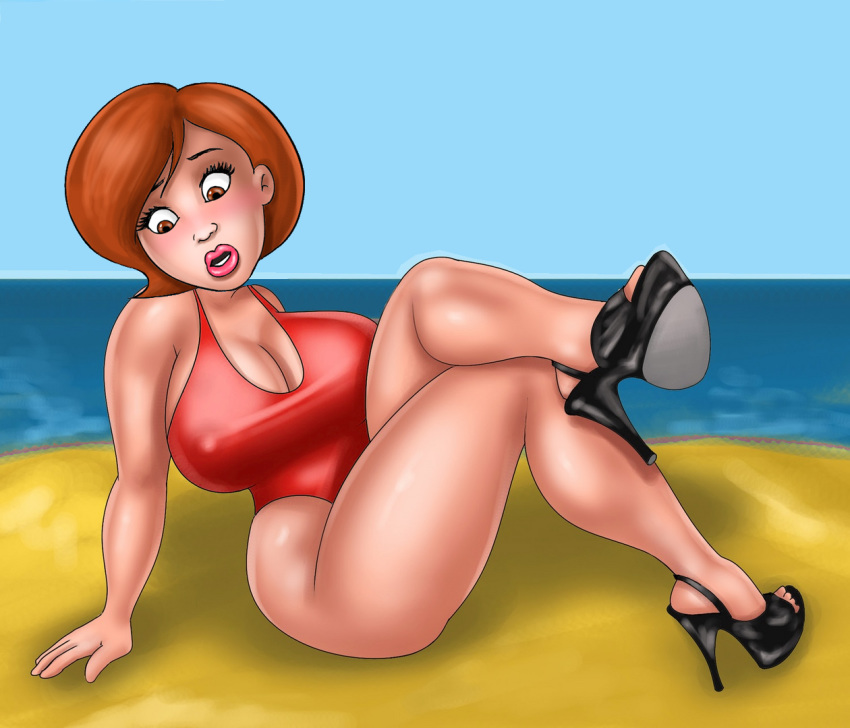 beach brown_hair cartoon_milf cleavage disney elastigirl helen_parr high_heels huge_breasts jem_(edits) nipples nipples_visible_through_clothing the_incredibles