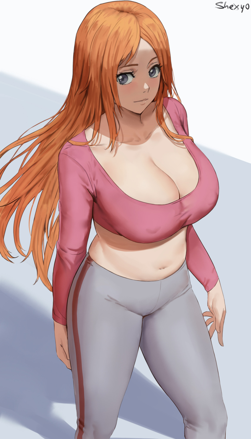 1girl 2021 arms_by_side artist_signature belly_button bleach blush breasts cleavage_cutout clothed erect_nipples erect_nipples_under_clothes female_focus female_only grey_eyes grin high_res hips huge_breasts inoue_orihime long_hair long_sleeves midriff nipples orange_hair pink_topwear shexyo simple_background smile standing thick_thighs thighs tight_clothing tight_fit white_background white_yoga_pants wide_hips yoga_pants