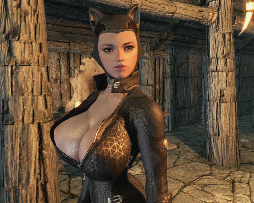 1girl 3d ass batman:_arkham_city batman_(series) big_ass big_breasts breasts catwoman choker cleavage cosplay costume dc_comics female fuckable green_eyes large_breasts light_skin loverslab mask mod nipples selina_kyle skyrim solo the_elder_scrolls zipper