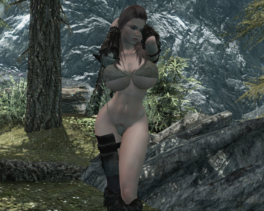 1girl 3d big_breasts breasts collarbone female fuckable hair large_breasts long_hair loverslab mod most_body navel outdoors outside skyrim solo the_elder_scrolls tree trees