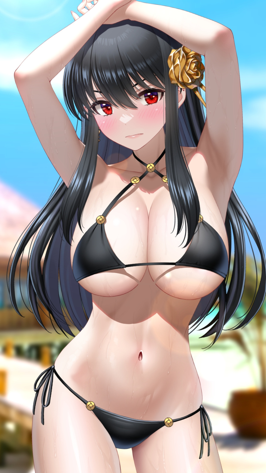 1girl 2022 alluring alternate_version_available arms_up assassin bangs beach big_breasts bikini black_bikini black_hair blurry blurry_background blush breasts choker cleavage closed_mouth contrapposto cowboy_shot criss-cross_halter day depth_of_field eyebrows_behind_hair female_focus female_only glaring hair_between_eyes hair_ornament halterneck high_res houriigurei long_hair looking_at_viewer navel o-ring outside red_eyes side-tie_bikini solo_female spy_x_family stomach string_bikini swimsuit thorn_princess under_boob v-shaped_eyebrows yor_briar