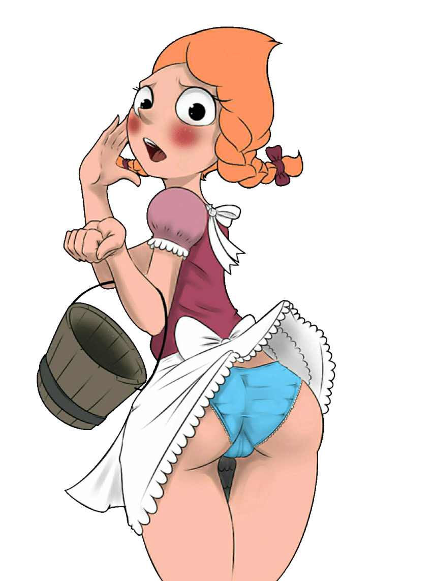 1girl ass backshot blue_panties bucket candace_flynn cartoon disney embarrassed embarrassing long_hair panties pantyshot phineas_and_ferb pigtails simple_background skirt surprised transparent_background underwear upskirt