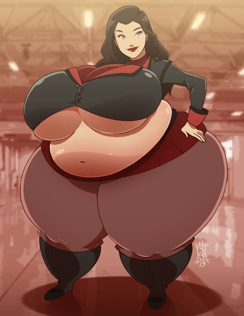 asami_sato belly_expansion black_hair breast_expansion butt_expansion gigantic_ass gigantic_breasts green_eyes hands_on_hips seriojainc sexy sexy_ass sexy_breasts the_legend_of_korra