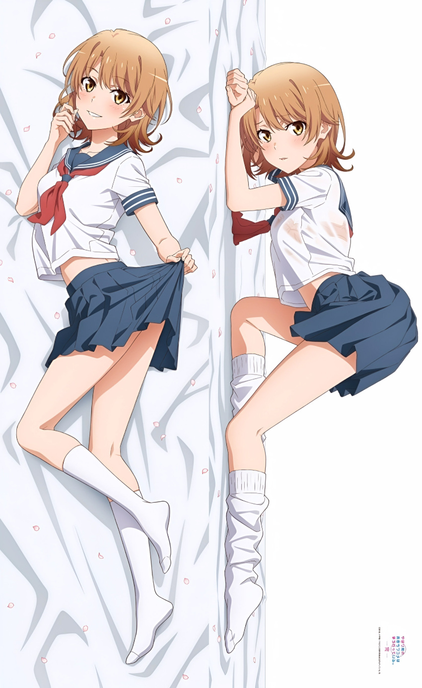 1girl alluring ass bare_belly bed_sheet blush bra_visible_through_clothes brown_hair collarbone dakimakura dakimakura_design feet isshiki_iroha lying medium_breasts official_art open_mouth school_uniform see-through_shirt short_hair skirt skirt_lift smile socks thighs yahari_ore_no_seishun_lovecome_wa_machigatteiru.