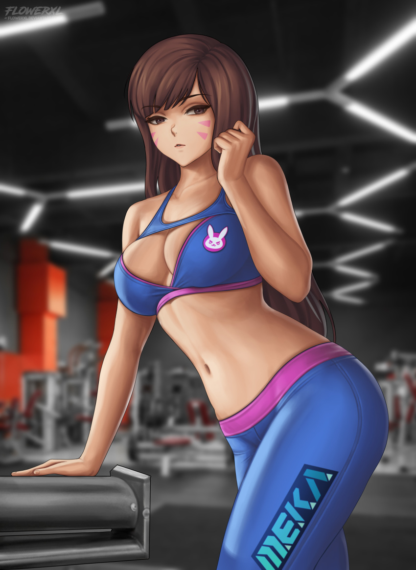 1girl 2d adapted_costume animal_print arm_support artist_logo bangs blizzard_entertainment blue_pants blue_sports_bra blurry blurry_background breasts brown_eyes brown_hair bunny_print cleavage cleavage_cutout clenched_hand clothing_cutout collarbone cowboy_shot d.va detailed_background exercise_machine facepaint facial_mark flowerxl gym hana_song indoors long_hair looking_at_viewer medium_breasts midriff navel no_headwear overwatch overwatch_2 pants parted_lips skin_tight sports_bra swept_bangs tight tight_pants whisker_markings