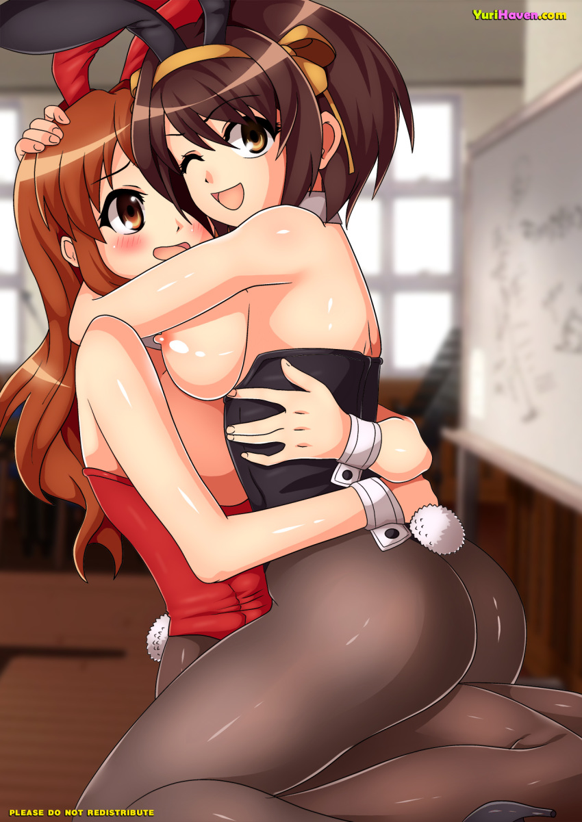 2_girls asahina_mikuru blush breast bunnysuit female_only multiple_girls palcomix suzumiya_haruhi suzumiya_haruhi_no_yuuutsu tagme the_melancholy_of_haruhi_suzumiya yuri yuri_haven