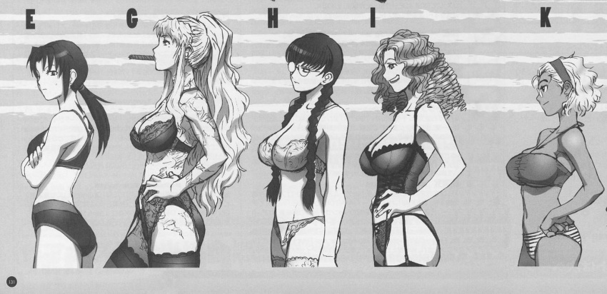 5girls anime arm_crossed balalaika black_hair black_lagoon blonde_hair breasts brunette cleavage curly_hair dark-skinned_female dark_skin doujinshi ecchi female female_only glasses hand_on_hip lingerie long_hair ponytail revy roberta_(black_lagoon) scar short_hair size_difference standing tattoo