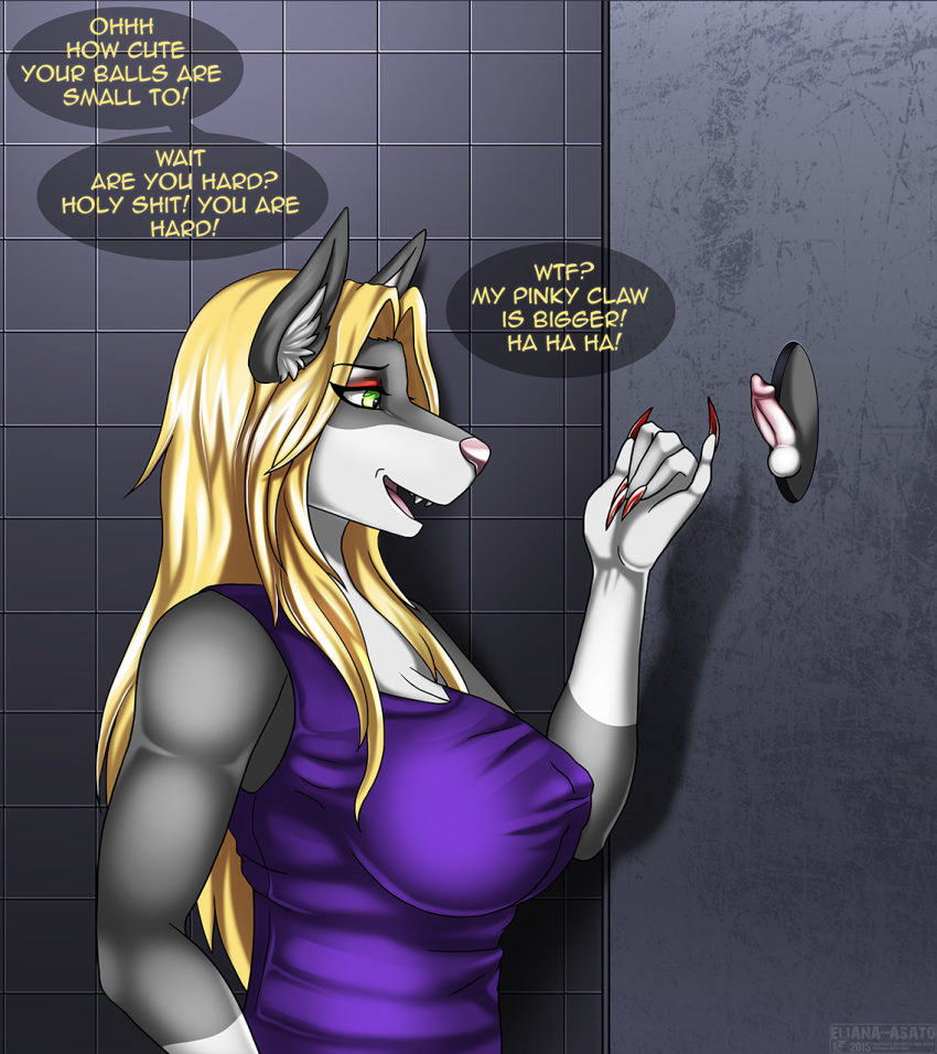 1girl 2015 anthro blonde_hair clothed clothing colored_nails duo eliana-asato english_text erection fur furry glory_hole green_eyes grey_fur hair humor long_hair long_nails male penis pink_nose pink_penis red_nails small_penis smile solo_focus text white_fur