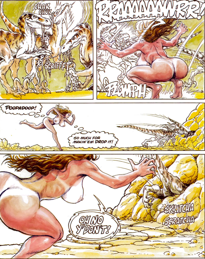 brown_hair budd_root cave cavewoman cavewoman_(series) comic dinosaur funny long_hair meriem_cooper nude raptor tan tan_line