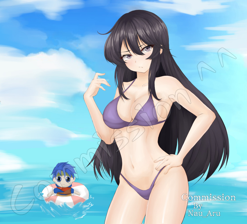 1girl 1girl alluring ayra_(fire_emblem) bikini black_hair blush fire_emblem fire_emblem:_genealogy_of_the_holy_war fire_emblem:_path_of_radiance fire_emblem:_radiant_dawn fire_emblem_heroes hand_on_hip ike_(fire_emblem) intelligent_systems nau_aru ocean plushie purple_bikini purple_eyes solo_focus summer