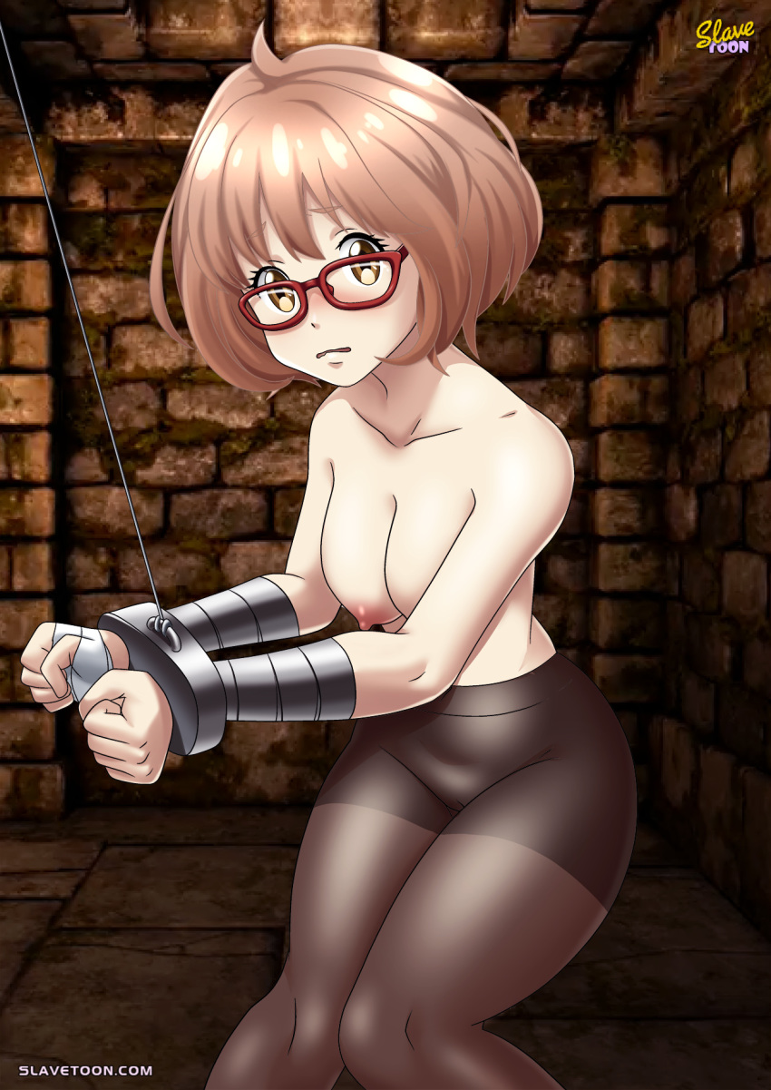 1girl blush bondage breasts brown_eyes cleavage glasses hair kuriyama_mirai kyoukai_no_kanata light_brown_hair looking_at_viewer mirai_kuriyama nipples open_mouth palcomix short_hair slavetoon topless wavy_mouth