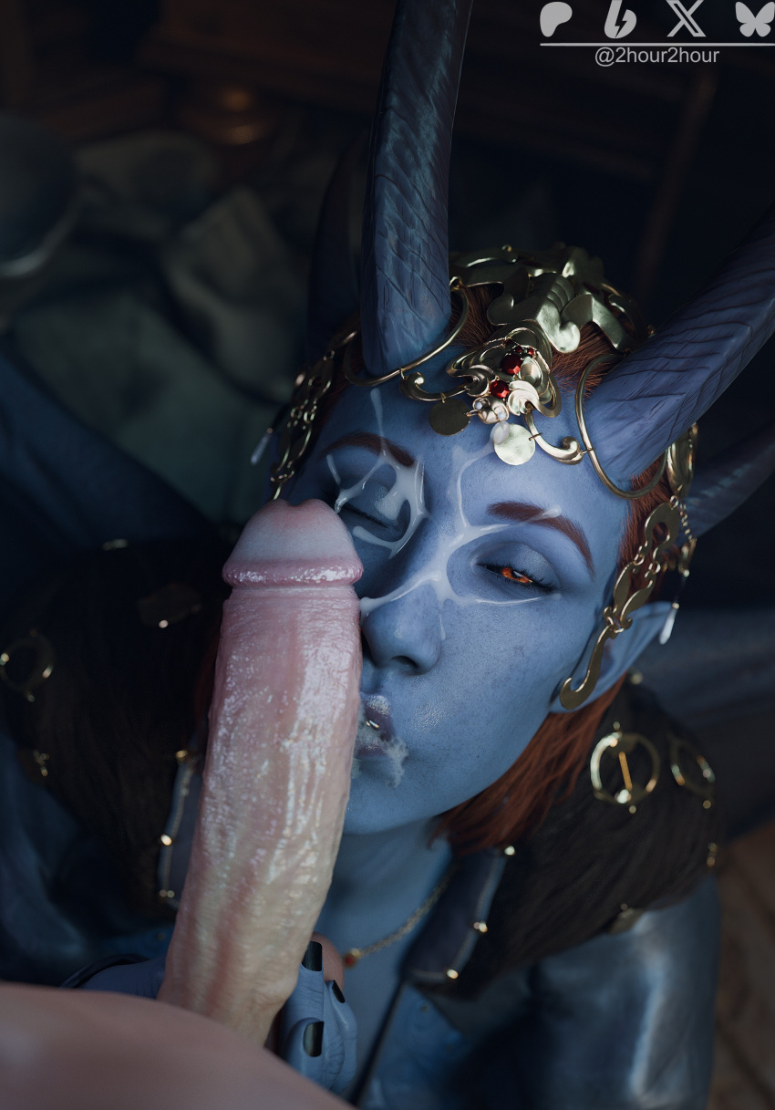 1girl 2hour2 3d 3d_(artwork) 3d_model 3d_render baldur's_gate baldur's_gate_3 balls big_penis black_nail_polish black_nails blender blue_skin clothed clothed_female clothed_female_nude_male cum cum_in_eye cum_on_face cumshot devil digital_art digital_artwork_(media) digital_media digital_media_(artwork) dungeons_and_dragons facial holding_balls horns lips male mizora nail_polish penis penis_on_face penis_worship red_eyes red_hair sloppy spit tagme wet